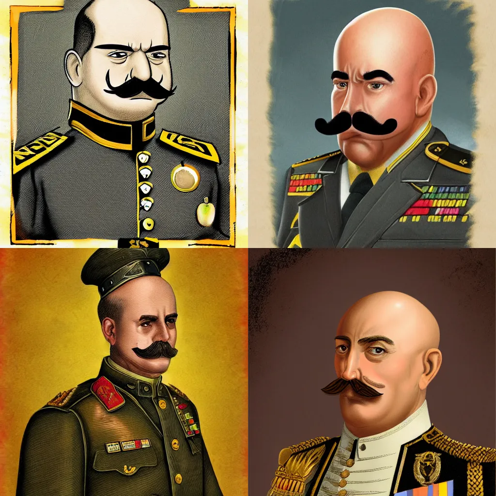 Prompt: an angry muscular army general, thick mustache, bald, orange pear-shaped head with a bright yellow aureola, high-quality digital art, realistic