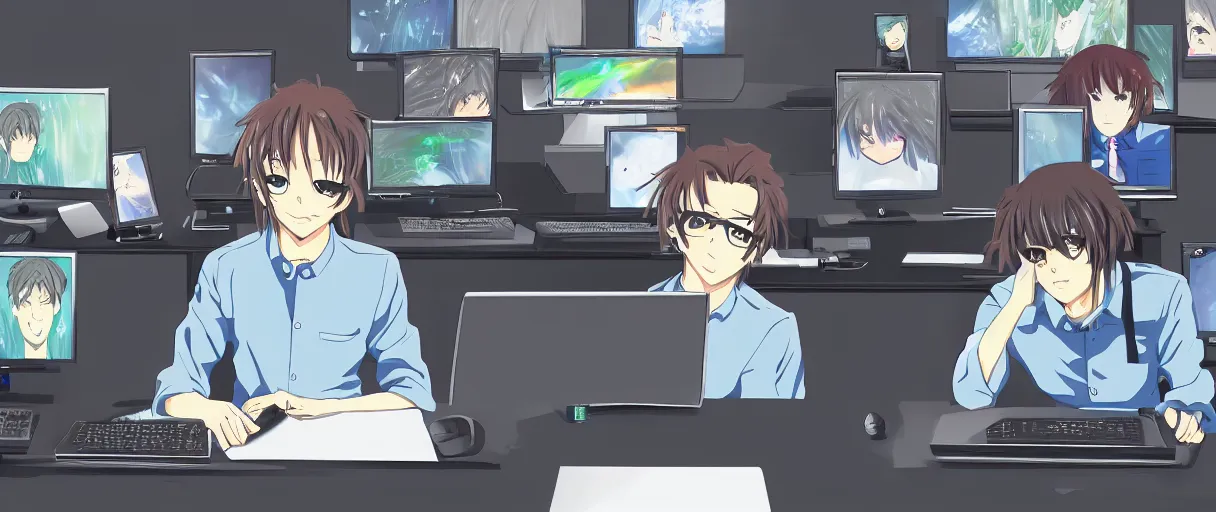 Image similar to anime drawing, a man at a desk with ten different computer monitors, his face flat on the keyboard, sound asleep