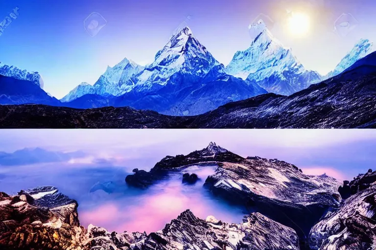 Prompt: beautiful nighttime landscape photography of the Himalayan Mountains with a crystal blue lake, serene, dramatic lighting.