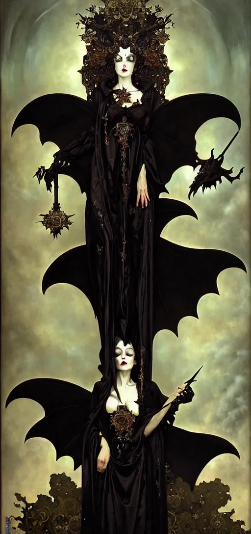 Image similar to baroque oil painting portrait of vampire queen in gothic robes with bat wings, by nekro, peter mohrbacher, alphonse mucha, brian froud, yoshitaka amano, kim keever, victo ngai, james jean