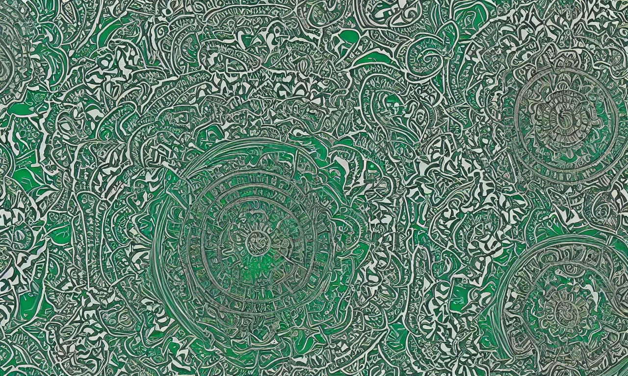 Image similar to fractal mandala ceramic chakra digital color stylized an ancient white bone and emerald gemstone relic, intricate engraving concept 3 d point lighting natural color scheme