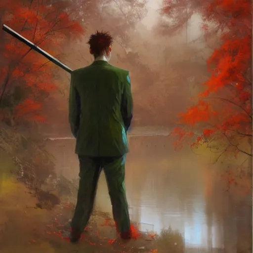 Image similar to stoic young man with red tipped green hair wearing a cream suit shedding a single tear standing before a lake in an autumnal forest holding a halberd shaped like a carnation, oil painting by jeremy mann and yoji shinkawa