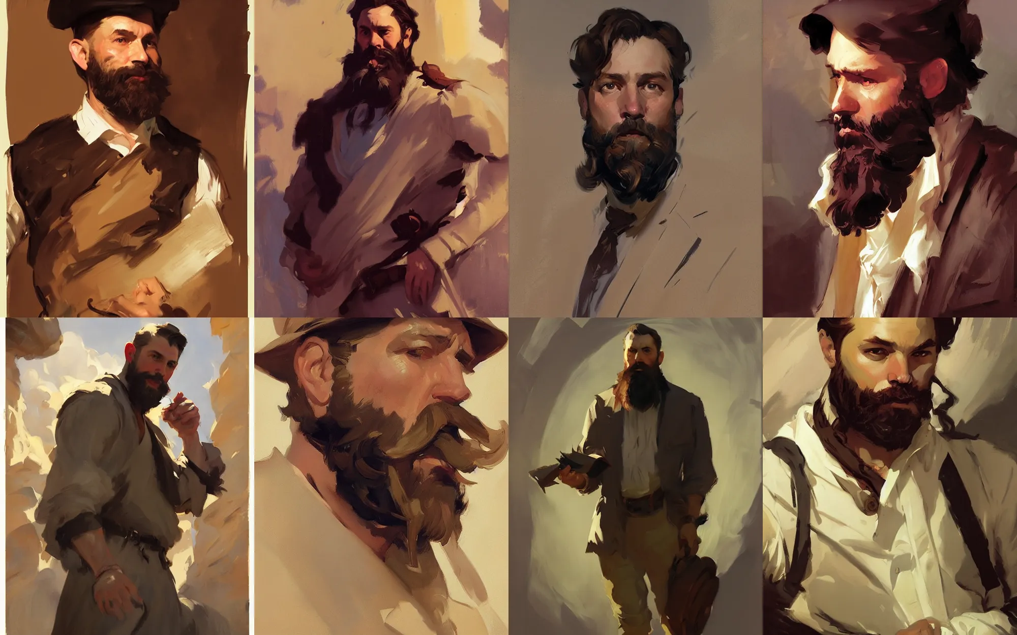 Prompt: portrait of bearded man traveler greg manchess painting by by sargent and leyendecker, d & d, fantasy, medium shot, asymmetrical, intricate, elegant, matte painting, illustration, hearthstone, by greg rutkowski, by greg tocchini, by james gilleard, by joe fenton