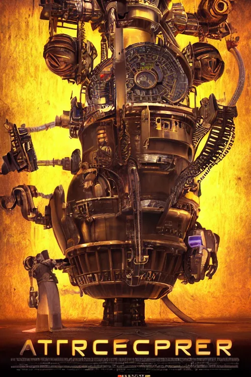 Prompt: a movie poster, write the text tripmachine, photo of a huge futuristic steampunk generator inside a steampunk machinery, 8 k, fluorescent colors, halluzinogenic, multicolored, exaggerated detailed, 3 d render, octane