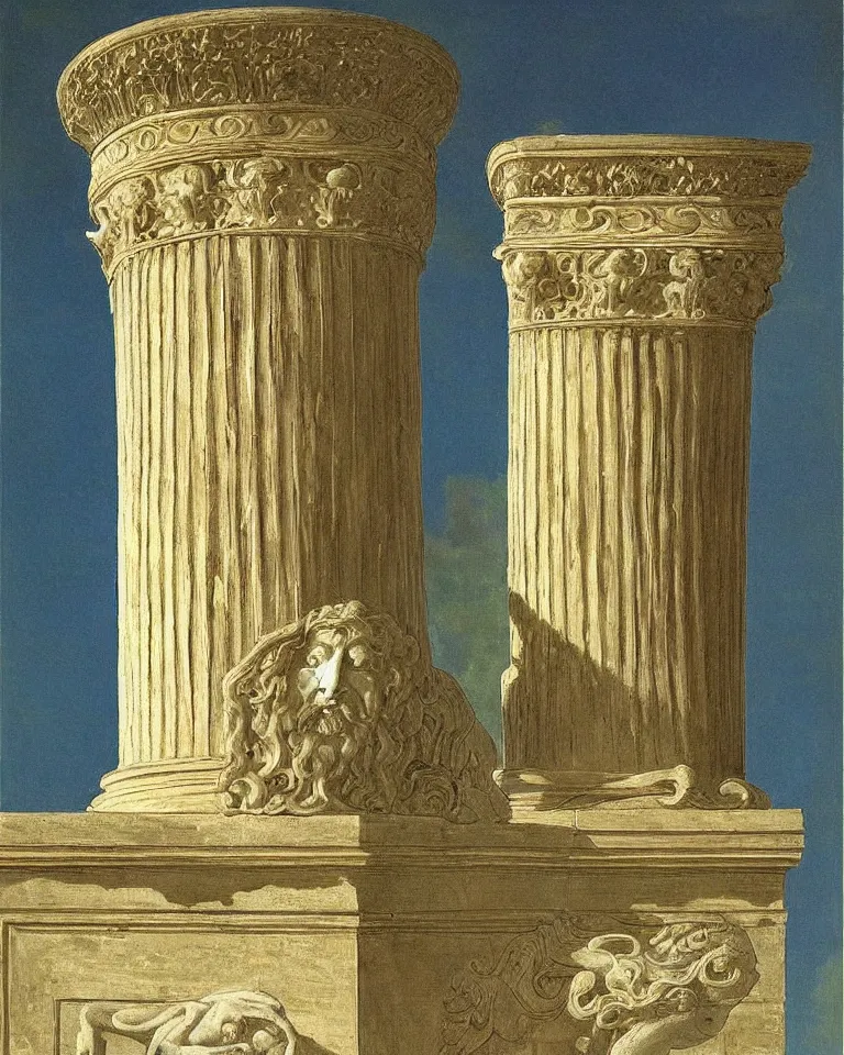 Image similar to achingly beautiful painting of intricate ancient roman corinthian capital on jade background by rene magritte, monet, and turner. giovanni battista piranesi.