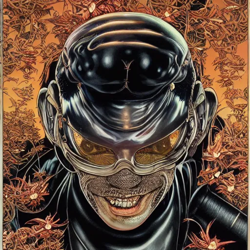 Image similar to portrait of crazy black fly man, symmetrical, by yoichi hatakenaka, masamune shirow, josan gonzales and dan mumford, ayami kojima, takato yamamoto, barclay shaw, karol bak