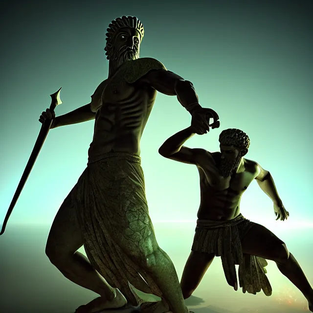 Image similar to epic professional digital art of Greek statue of Gilgamesh battling Enkidu, volumetric lighting, best on artstation, cgsociety, wlop, Behance, pixiv, astonishing, impressive, cosmic, outstanding epic, stunning, gorgeous, much detail, much wow, masterpiece.