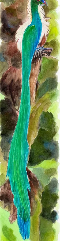 Image similar to A painting of a Resplendant Quetzal on a white background, watercolour, pastel colours,