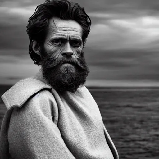 Image similar to Willem Dafoe with a beard in The Lighthouse (2019), high contrast, black and white cinematography