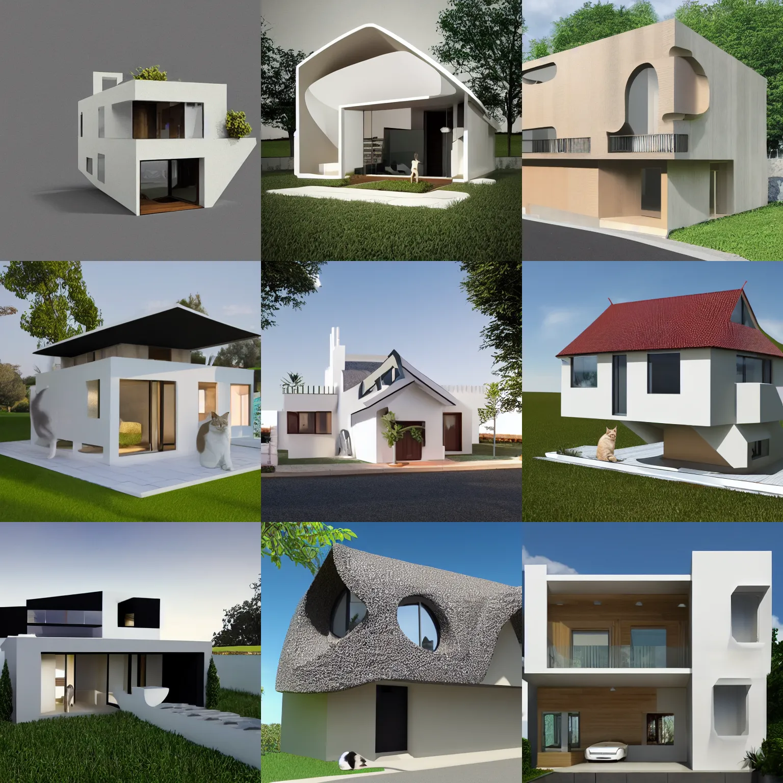 Prompt: house in the shape of a cat. architectural render photo.