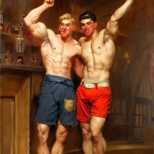 Image similar to attractive muscular male with brunet hair and attractive muscular male with blond hair. pants and shorts, drinking their hearts out, in a pub. very defined and detailed painting by j. c. leyendecker, gaston bussiere, craig mullins 8 k