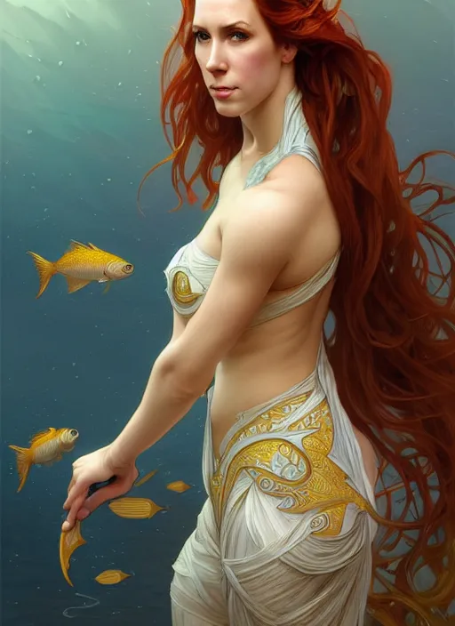 Image similar to marisha ray as a fish, intricate, elegant, highly detailed, digital painting, artstation, concept art, smooth, sharp focus, illustration, art by artgerm and greg rutkowski and alphonse mucha, 8 k