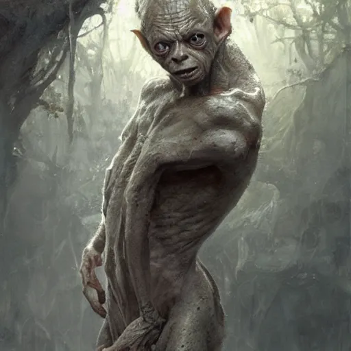 Image similar to portrait of Joe Burrow as Gollum in LOTR, Realistic painting by greg rutkowski, craig Mullins, Artgerm