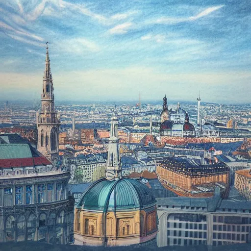 Prompt: Colored Pencil drawing, Vienna skyline, octane render, highly detailed