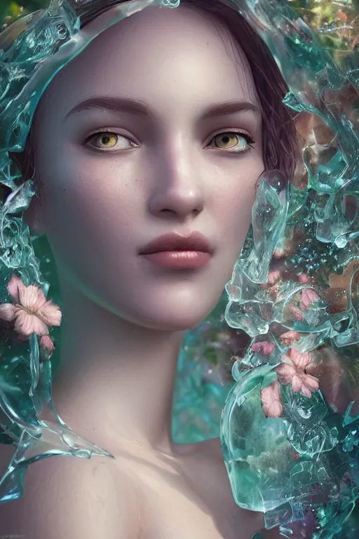 Prompt: ultra realistic 3 d render of a floral biome breaking out of the inside of a beautiful transparent glass women figure shattering, by charlie bowater