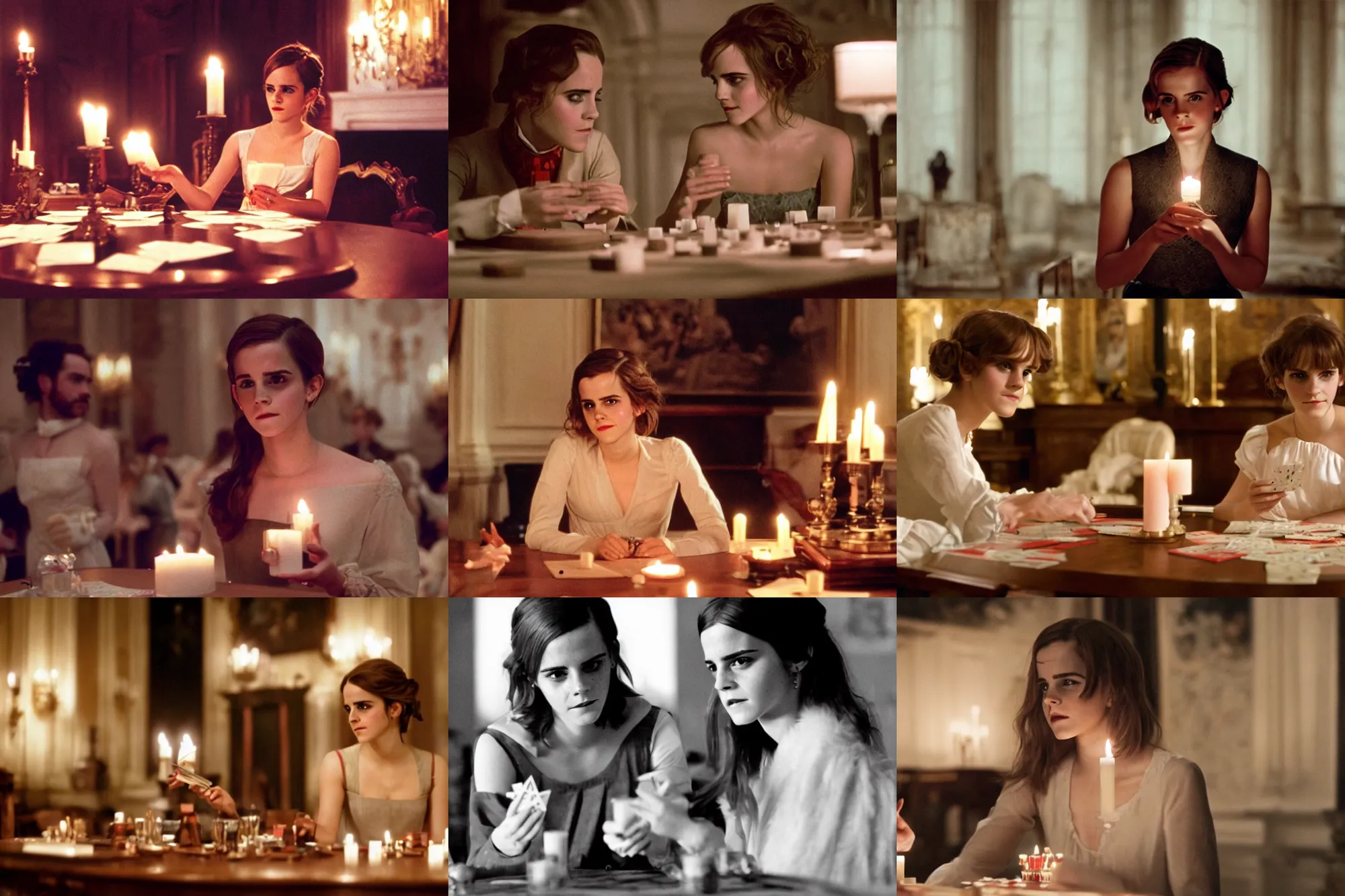 Prompt: Emma Watson playing cards in Kubrick\'s Barry Lyndon, natural candle lighting, movie still