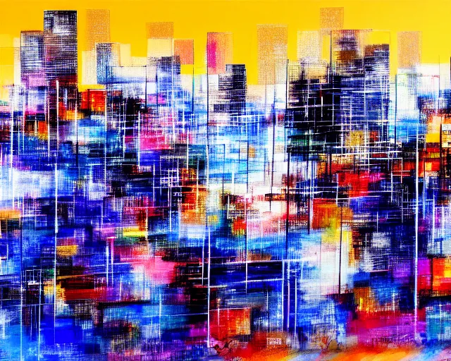 Prompt: an abstract picture of a city at night, an abstract painting by otake chikuha, pixiv, lyrical abstraction, mixed media, cityscape, dynamic composition