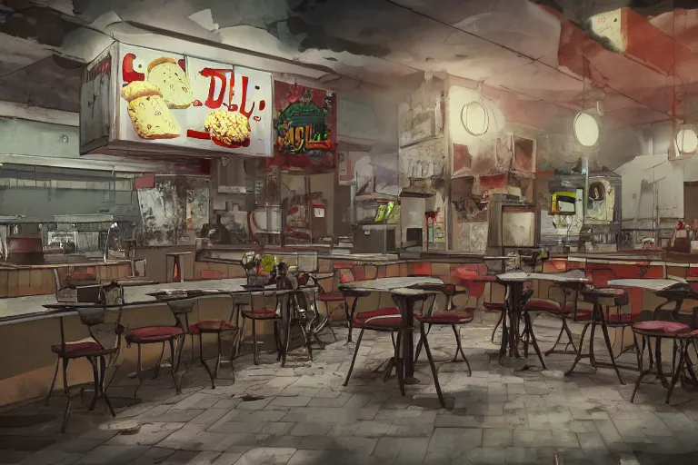 Prompt: the abandoned fast food restaurant of the dead, demons, hell, artstation