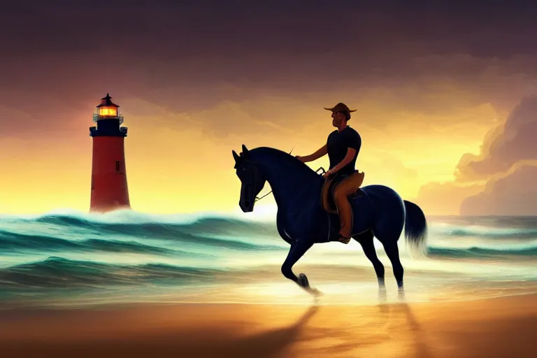 Image similar to photo of man riding a horse along the beach, glowing underwater waves toward a lighthouse in the distance guiding his way, silhouette, wide horizon, large white clouds, night, intricate, elegant, highly detailed, digital painting, artstation, concept art, smooth, sharp focus, illustration, art by artgerm and greg rutkowski and fra angelico