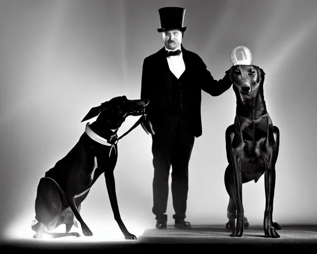 Prompt: greyhound wearing a black cloak and a top hat, under a spotlight, magician dog performing on stage