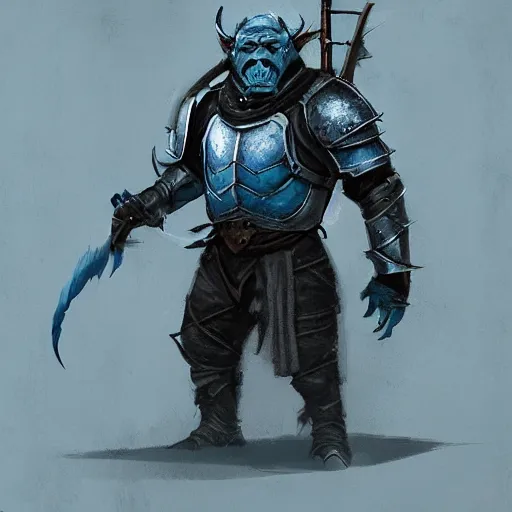 Prompt: handsome blue orc wearing medieval suit of armor, illustration, concept art, art by wlop, dark, moody, dramatic