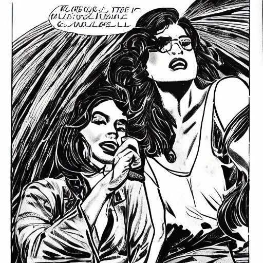 Prompt: attractive hispanic women talking by a cliff side, drawn by jaime hernandez, gilberto hernandez