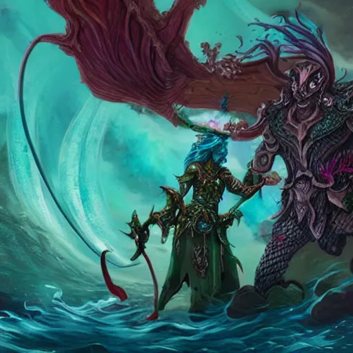 Prompt: sea witch battling a sea god, d & d style, trending on artstation, colorful, intricate, art by aurore folny