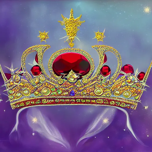 Prompt: a beautiful queen's crown design made of platinum glowing in sparkles with heavenly notes neo rococo, diamond and ruby, highly detailed sailor moon aesthetic, fantasy, intricate, elegant, highly detailed, digital painting, artstation, concept art, matte, sharp focus, illustration, in the style of aetherpunk