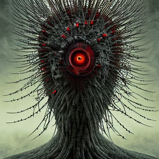 Prompt: horryfing mutant bird made of electricity fused with thousands of birds, thousand heads, mutilated, horror, blood, heavy damage, post apocalyptic, dystopian surrealism, grey, zdzisław beksinski, sad atmosphere, volumetric light, style giger, alex ries, symmetry accurate features, symmetry accurate features, very intricate details, high resolution, intricate