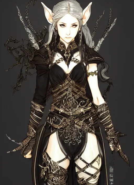 Image similar to Half body portrait of a smiling young beautiful elven female in ornate rogue attire. In style of Yoji Shinkawa and Hyung-tae Kim, trending on ArtStation, dark fantasy, great composition, concept art, highly detailed, dynamic pose.