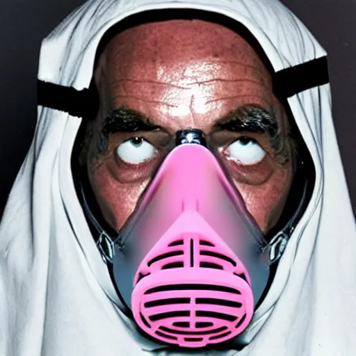 Image similar to Saruman wearing 3M superlab face shield and gas mask with pink filters on top of his head like Walter White