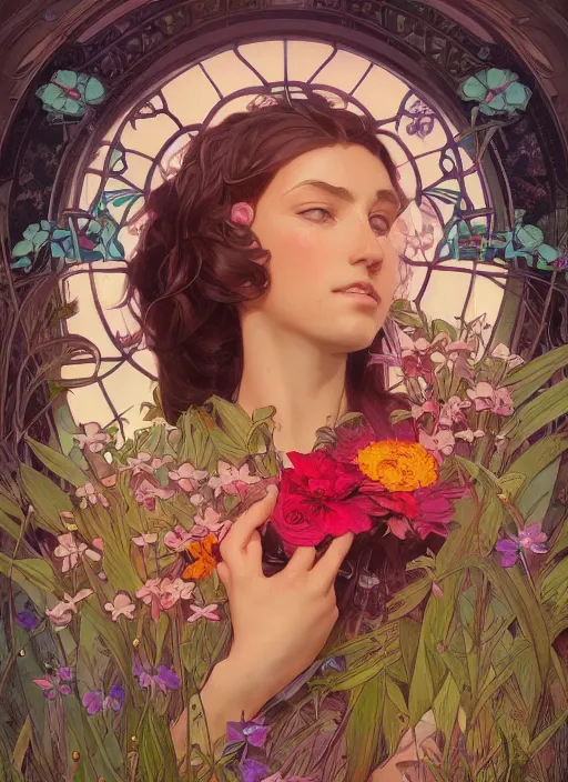 Image similar to isolated flowers with strong dark comic outlines, colorful, psychedelic, intricate, elegant, highly detailed, digital painting, artstation, concept art, smooth, sharp focus, illustration, art by artgerm and greg rutkowski and alphonse mucha