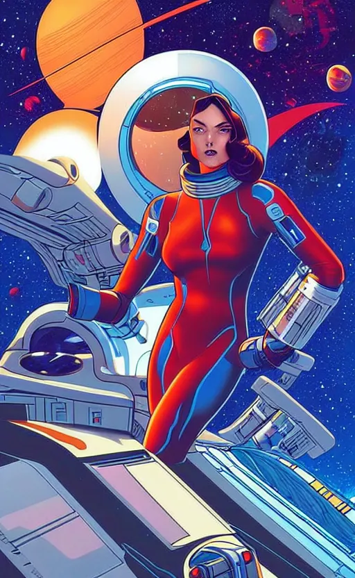 Image similar to a space travel poster, space opera, retro - futuristic poster style by artgerm and arthur adams, amazing composition