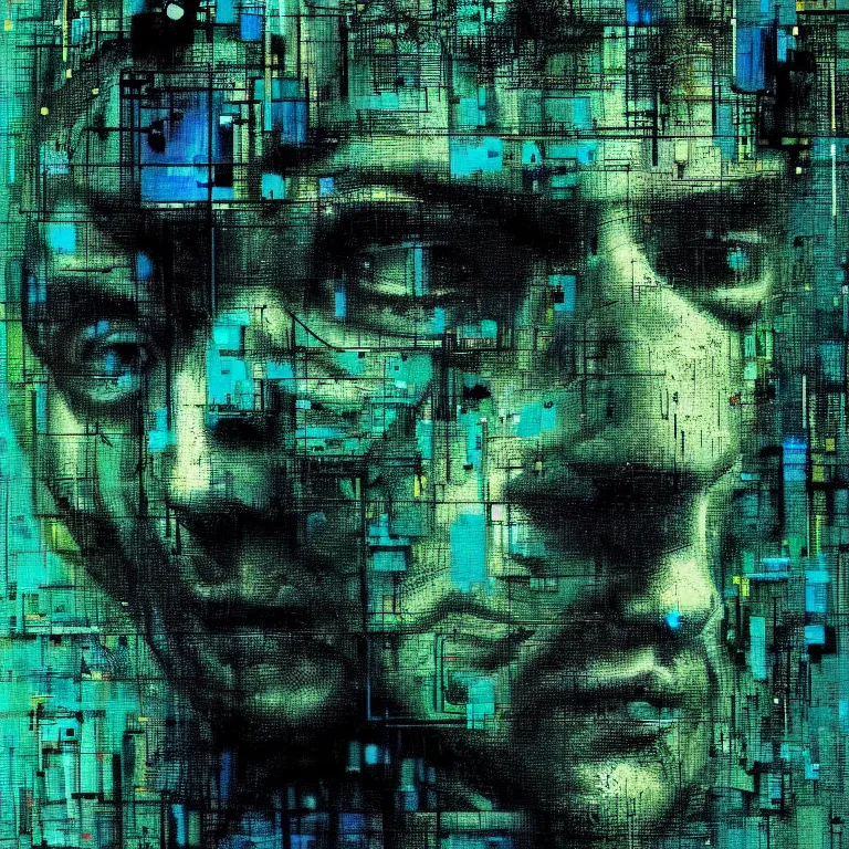 Image similar to portrait of a cyberpunk man, mysterious, glitch effects over the eyes, by Guy Denning, by Johannes Itten, by Russ Mills, glitch art, hacking effects, chromatic, cyberpunk, intricate detail, Blue and Green, color blocking, oil on canvas, concept art, abstract, trending on artstation, masterpiece