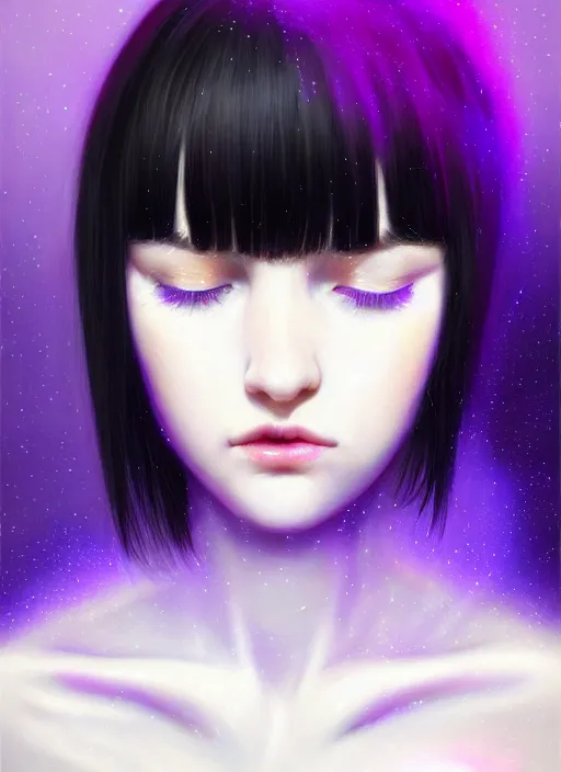 Image similar to portrait of teenage girl with white bangs, red irises, black hair, purple clothes, white bangs, bangs are different color from hair, intricate, front of hair is white rest is black, elegant, glowing lights, highly detailed, digital painting, artstation, concept art, smooth, sharp focus, illustration, art by wlop, mars ravelo and greg rutkowski