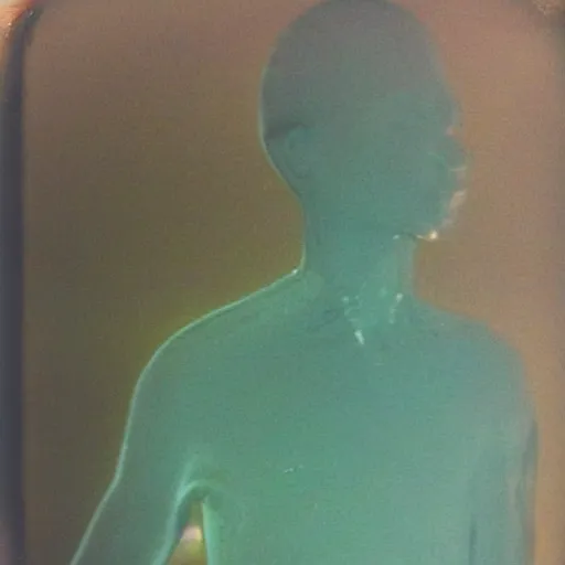 Image similar to coloured atmospheric polaroid 1 9 9 8 photo of a realistic wraith translucent transparent figure in a interior of living room low light