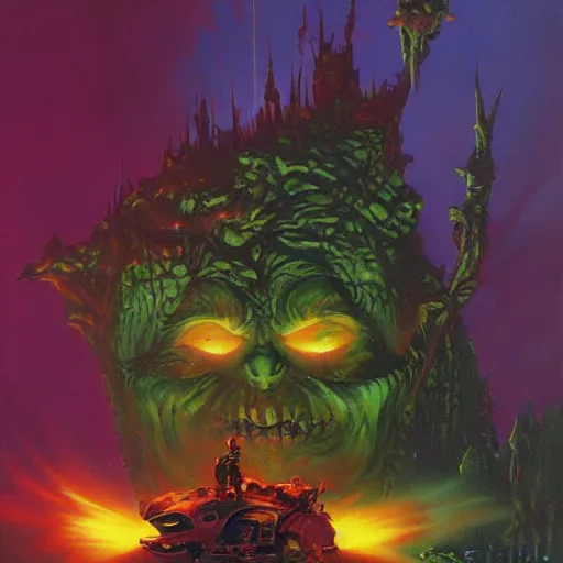 Image similar to green goblin in hell by paul lehr and moebius