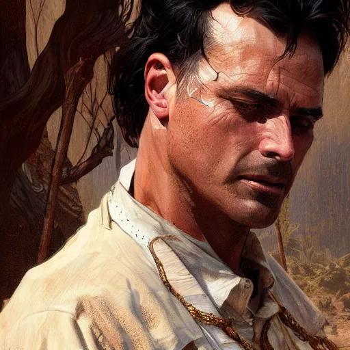 Image similar to clean shaven, tan, middle - aged christian priest with dark hair in wild west, intricate, highly detailed, digital painting, artstation, oppressive lighting, concept art, sharp focus, illustration, art by greg rutkowski and alphonse mucha