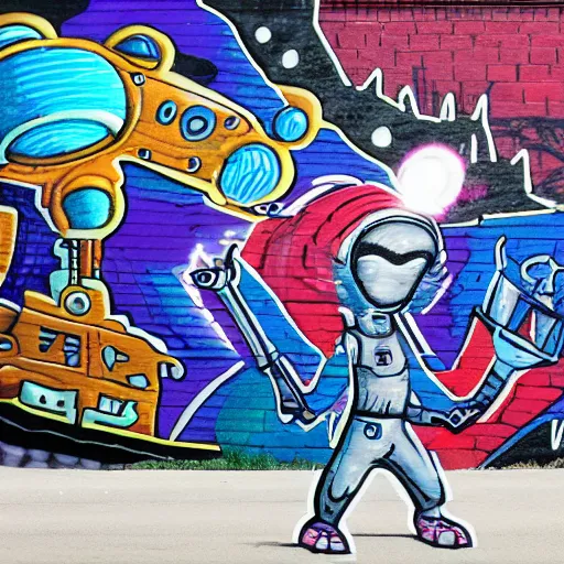 Image similar to friendly alien with starship, graffiti, from a distance, people walking in front, detailed, realistic