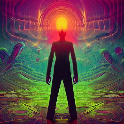 Image similar to Beautiful hyperdetailed psychedelic horror fantasy art of a vampire by Beeple, album cover, other dimensions, dmt, acid trip