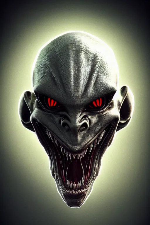 Image similar to Portrait of a Scary Alien with an evil grin, wide angle, super highly detailed, professional digital painting, artstation, concept art, smooth, sharp focus, no blur, no dof, extreme illustration, Unreal Engine 5, Photorealism, HD quality, 8k resolution, cinema 4d, 3D, beautiful, cinematic, art by artgerm and greg rutkowski and alphonse mucha and loish and WLOP