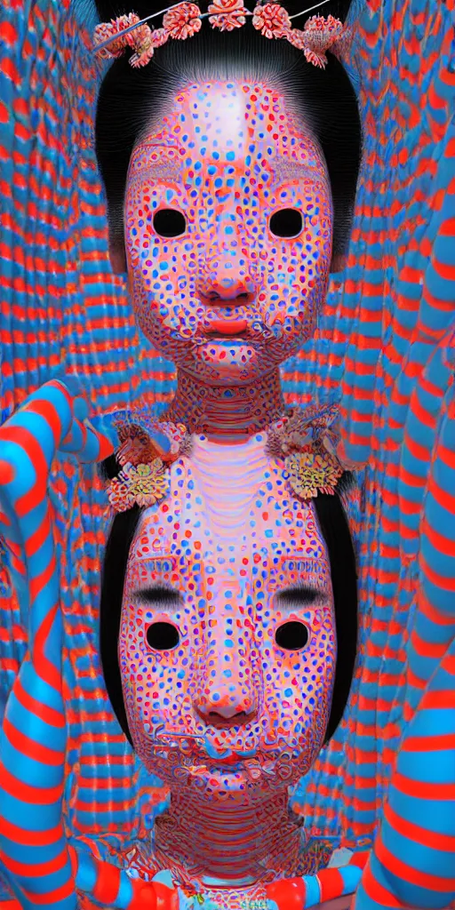 Image similar to hyperrealistic detailed image of a geisha in a art installation room, hd smooth interior by yayoi kusama, part by kei mieno, part by ross tran, dark art by james jean, ultra realistic, highly detailed, life like face, detailed body, 8 k, 3 d render by roger magrini, very cohesive, masterpiece