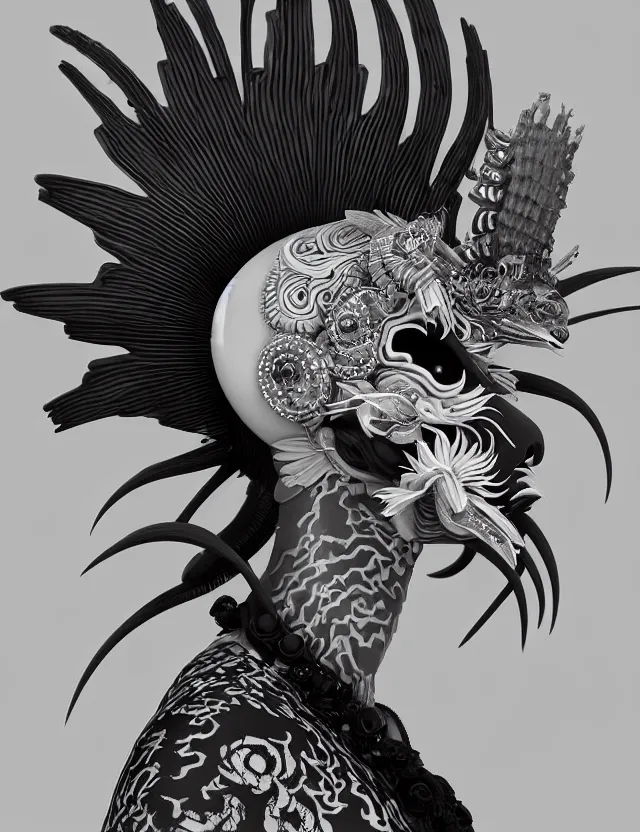 Image similar to 3 d goddess close - up profile portrait punk with mohawk with ram skull. beautiful intricately detailed japanese crow kitsune mask and clasical japanese kimono. betta fish, jellyfish phoenix, bio luminescent, plasma, ice, water, wind, creature, artwork by tooth wu and wlop and beeple and greg rutkowski