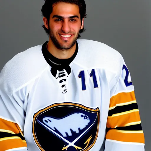 Prompt: armin is a 2 6 year old canadian male ice hockey player of middle eastern descent. he has brown hair and eyes, and a gentle smile. his studio headshot was taken in 2 0 0 5 with the buffalo sabres, courtesy of getty images.