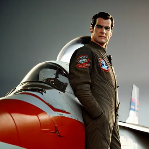 Image similar to Henry Cavill as pilot in Top Gun, promo shoot, studio lighting