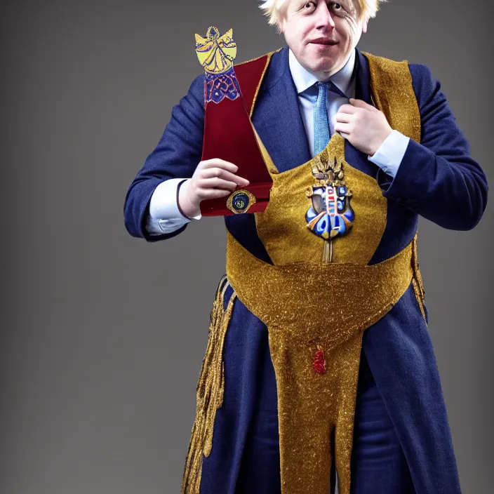 Image similar to full body photo of a boris johnson as a court jester, 8 k, hdr, smooth, sharp focus, high resolution, award - winning photo