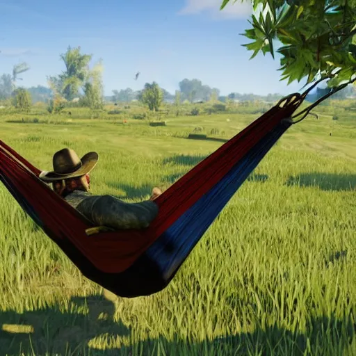 Image similar to Dutch from Red Dead Redemption 2 sleeping in a hammock, a field of mango trees in the background