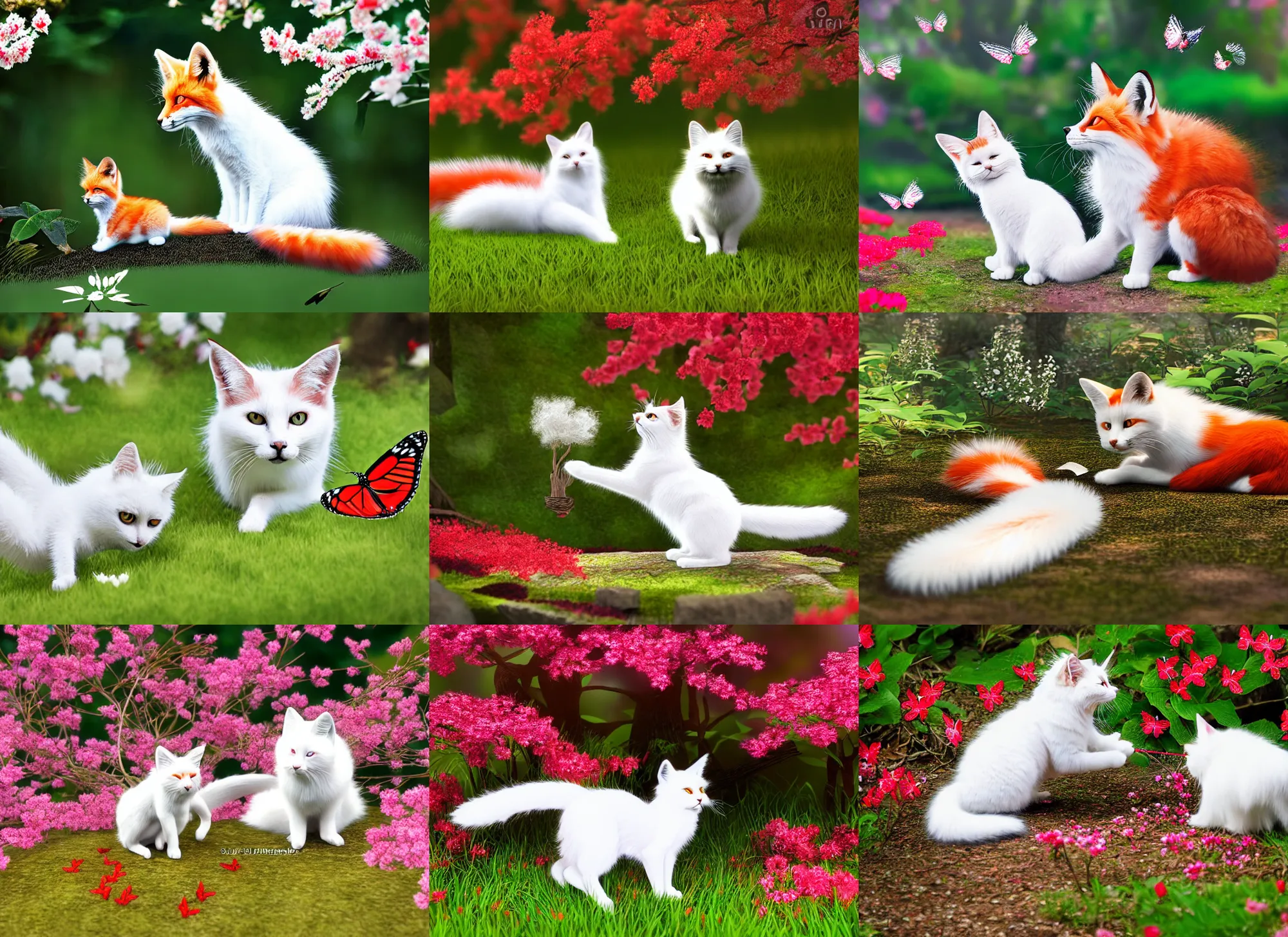 Prompt: white cat with fluffy red tail like fox tail playing with butterfly at sakura forest, high detailed, hyper realistic, photorealistic, ray tracing, leica 8 5 mm