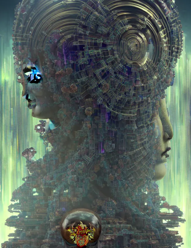 Image similar to a epic sakyamuni, the founder of buddhism in cyberpunk style temple, dystopian, cyberpunk, organic fractal mycelum and fungi, mecha, halfturn portrait of a big crystal face made of crystals half - turn, ominous, intricate, studio, art by anthony macbain + greg rutkowski + alphonse mucha, concept art, 4 k, sharp focus