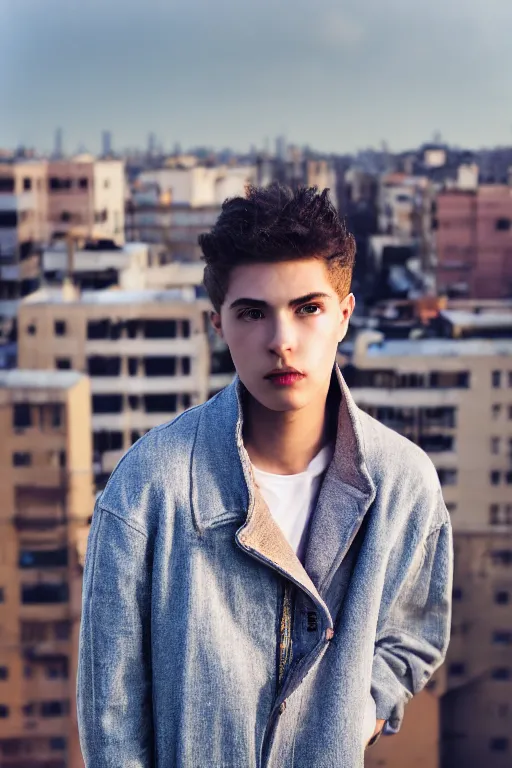 Image similar to un ultra high definition studio quality fashion editorial photographic portrait of a young man standing on the rooftop of an apartment building wearing all eclectic soft clothes. wide angle. three point light. extremely detailed. golden hour, golden ratio, ray tracing, volumetric light, shallow depth of field. set dressed.